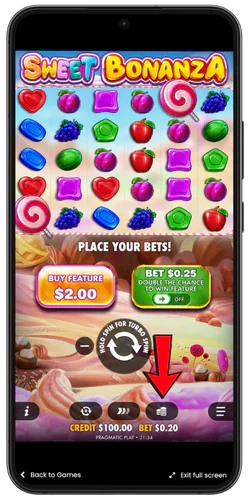 Sweet Bonanza tutorial bet button